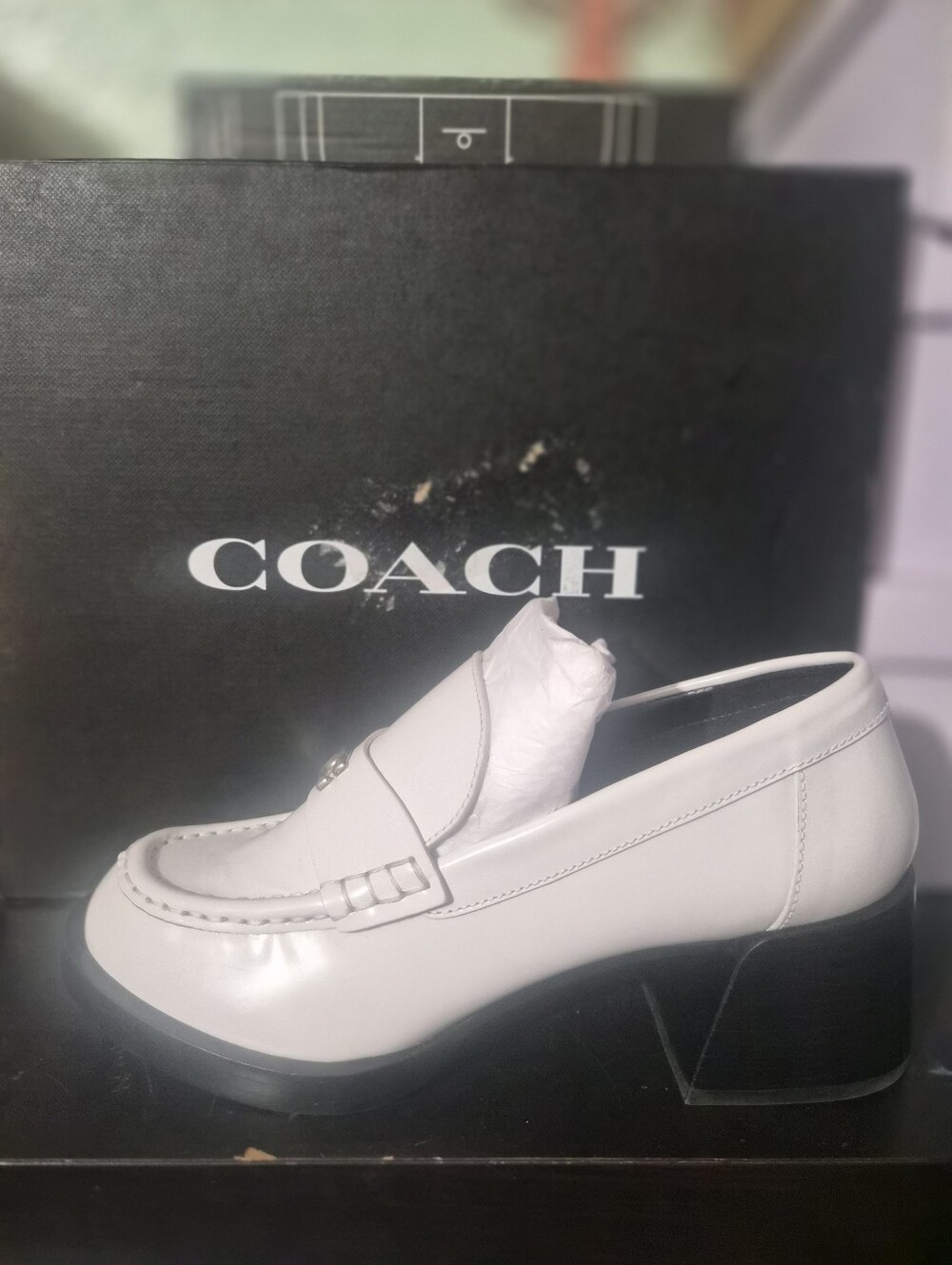 COACH Women's White Leather Loafers with Block Heel